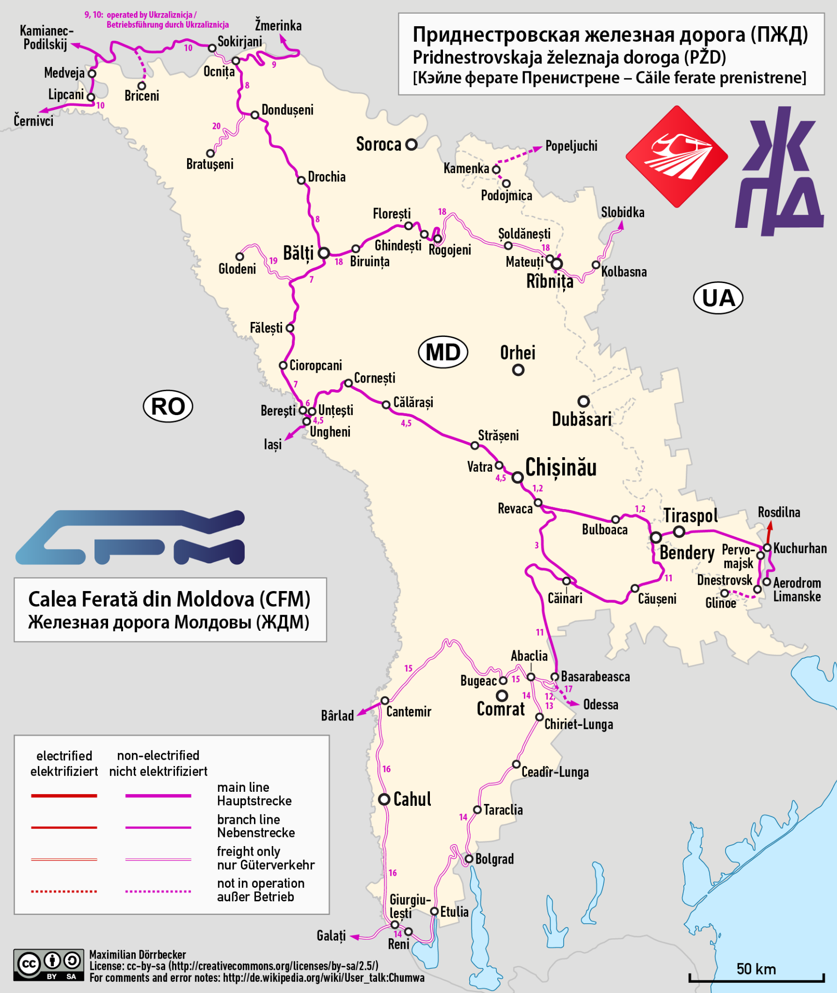 Hartă detaliată a rețelei feroviare din Moldova